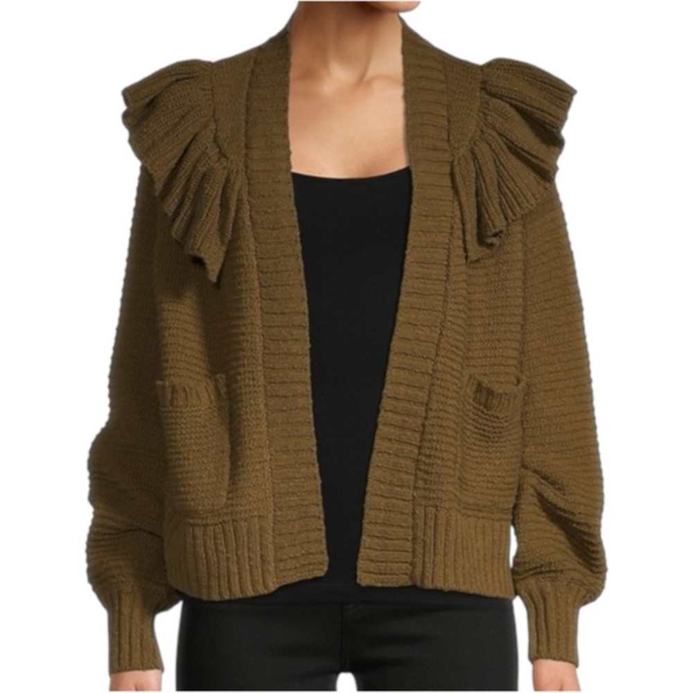 Madewell NWT Women’s Size L Olive Green Ruffle Cotton Knit Cardigan Sweater